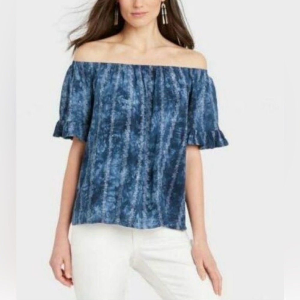Knox Rose Blue Tie-Dyed Eyelet Flutter Sleeve Off-the-Shoulder Top Size Large‎